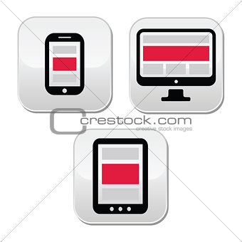 Responsive design for web - computer screen, smartphone, tablet buttons set