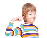 Boy in Colorful Shirt Pointing Finget to his Head 