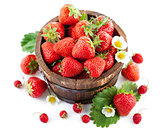 Fresh strawberry in wooden bucket with green leaf and flower