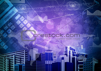 Skyscrapers with background of objects and graphs
