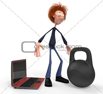 The 3D teenager with the computer and the weight.