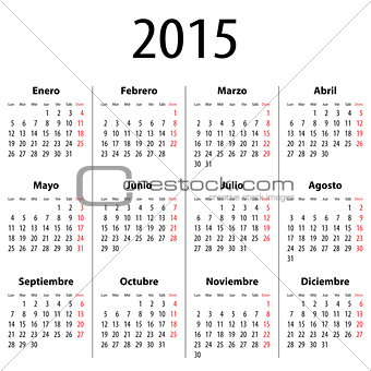 Spanish Calendar for 2015. Mondays first