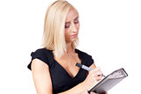 young successful business woman writing with pen isolated