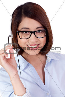 young smiling asian businesswoman call center agent isolated