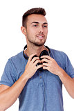 young attractive man listening to music isolated portrait