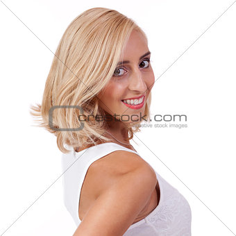 attractive young smiling blonde woman isolated