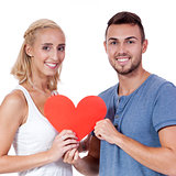 happy young couple in love with red heart valentines day 