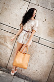 attractive young brunette woman in sexy dress and handbag 
