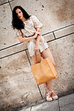 attractive young brunette woman in sexy dress and handbag 