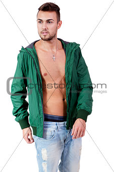 young adult man with green jacket portrait isolated