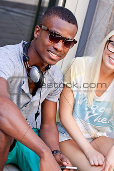 happy young couple have fun in the city summertime 