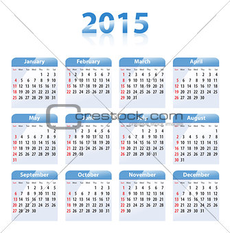 Blue glossy calendar for 2015 in English. Sundays first