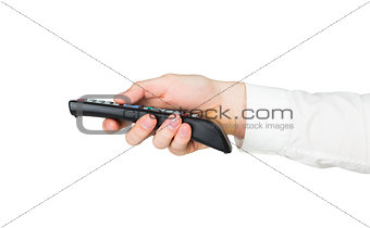 Businessman holding black remote control