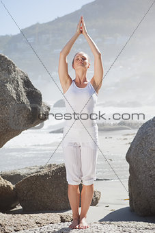 Blonde woman standing in tree pose on a rock