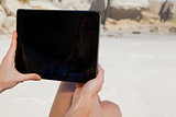 Woman sitting on beach using tablet pc