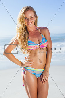 Gorgeous blonde in bikini on the beach posing