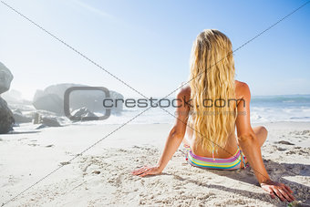 Gorgeous blonde in bikini sitting on the beach