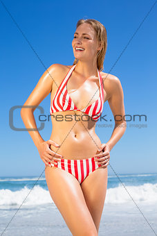 Smiling fit woman in bikini on the beach