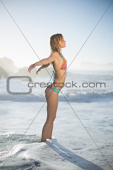 Content blonde standing on the beach in bikini with arms out