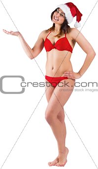 Brunette in red bikini and santa hat