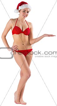 Sexy girl in bikini and santa hat presenting