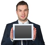 Businessman showing tablet pc screen