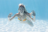 Cute blonde smiling at camera underwater in the swimming pool