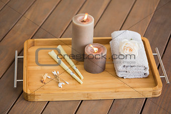 Tray of ear candling equipment