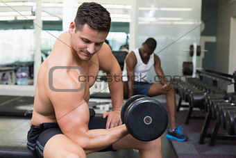 Handsome bodybuilder lifting heavy dumbbell