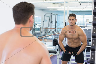 Shirtless bodybuilder flexing in front of the mirror