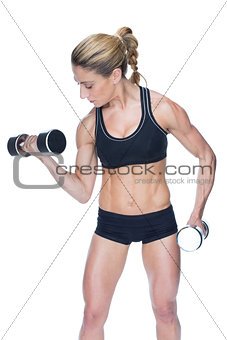 Female bodybuilder working out with large dumbbells