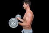 Happy handsome crossfitter lifting up barbell