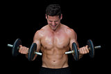 Strong crossfitter lifting up heavy black dumbbells