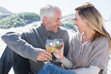 Couple enjoying white wine on picnic at the beach