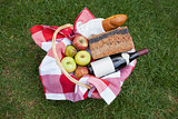 Picnic basket of red wine and bread
