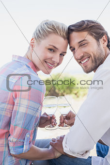 Happy couple smiling at camera holding wine glasses