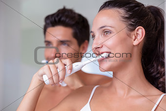 Attractive couple brushing their teeth in the morning