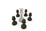 White queen surrounded by black pawns
