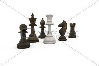 White queen surrounded by black pieces