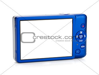 Blue compact camera. Rear view
