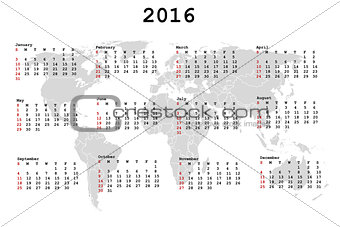 2016 Calendar for agenda with world map