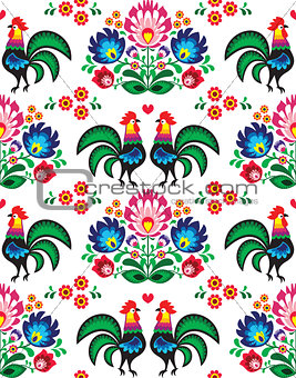 Seamless Polish folk art pattern with roosters - Wzory Lowickie, wycinanka