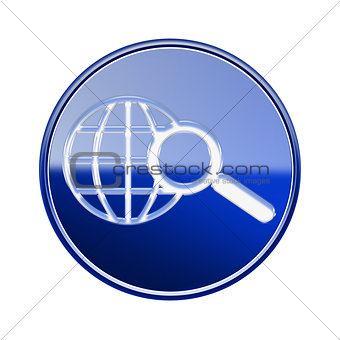 globe and magnifier icon glossy blue, isolated on white backgrou