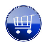 shopping cart icon glossy blue, isolated on white background