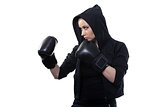 Young woman in boxing gloves on a white background