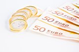 crisis of eurozone, euro coins on 50-euro banknotes