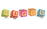 Word HAPPY written with alphabet blocks