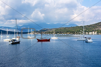 Summer view of boats and yachts in Poros, Greece