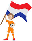 Happy soccer fan holds Holland flag. Vector cartoon
