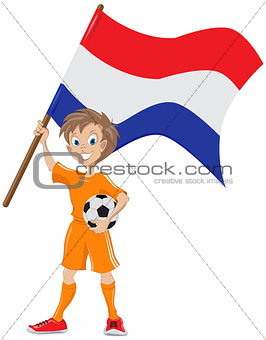 Happy soccer fan holds Holland flag. Vector cartoon